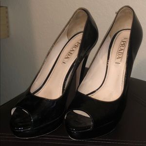 Prada- Black Patent leather peep toe pumps